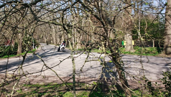 Motorrijder in bos Veluwe